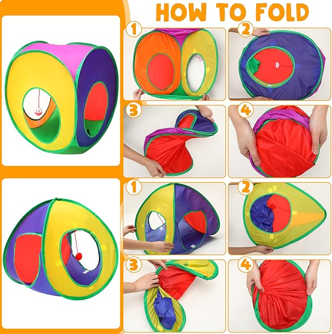 21 Pcs Cat Tunnels for Indoor Set, 3 In1 Collapsible Cat Tunnel Toy with Cube Tent Toys Combo and 20 Pcs Interactive Kitty Toys Feather Toy Fluffy Mouse Crinkle Balls for Kitten Puppy