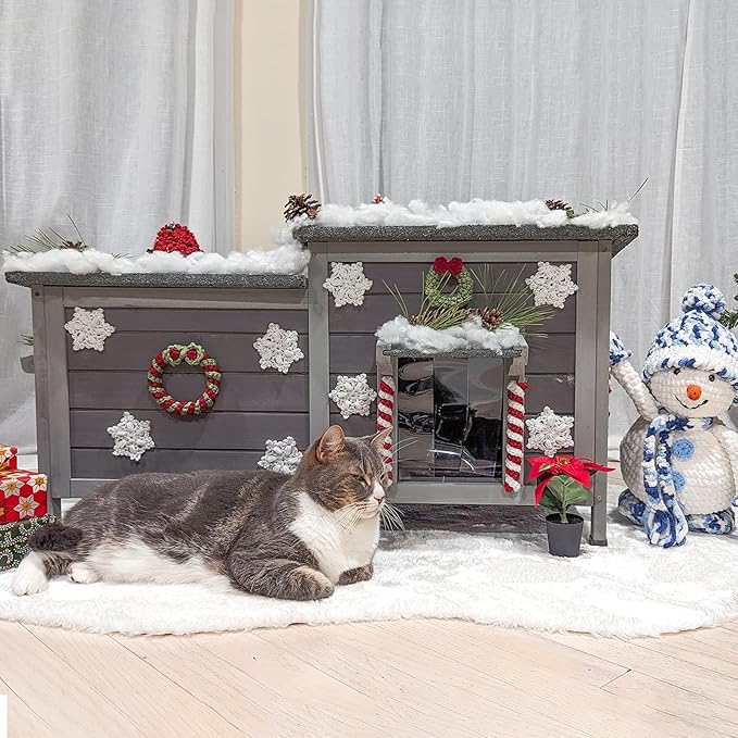 GUTINNEEN Large Outdoor Cat House Insulated, Weatherproof Cat Shelter with Detachable Insulation Liner, Wooden Elevated Kitty Condo for Stray Cats, 39.1" L x 18.5" W x 19.1" H (Grey)