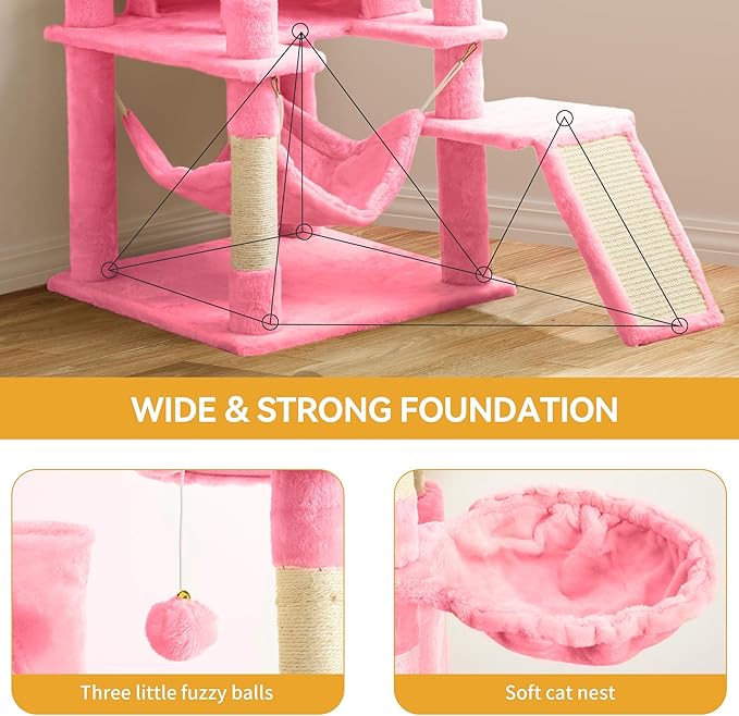 YITAHOME 75-Inch Tall Cat Tree Indoor: Multi-Level Kitten Tower with Kitty Condos, Top Perches, Sisal Ramp, Scratching Posts & Cozy Basket Hammocks Pet Play House Pink
