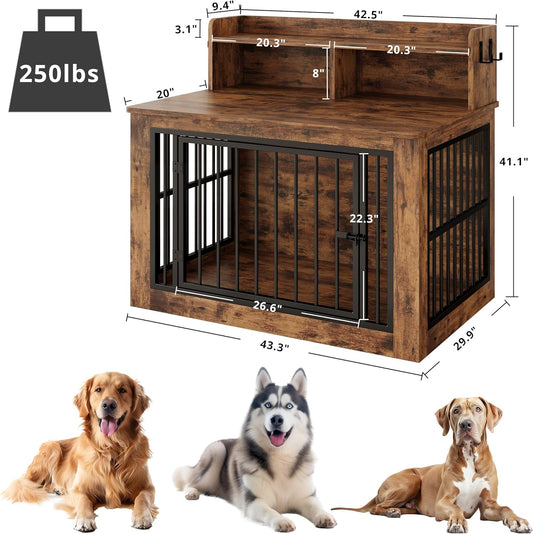IRONCK Extra Large Dog Crate Furniture, 43.3 inches Wooden Dog Crate with Storage and 4 Hooks, Heavy Duty Pet Crate for Large Dog, Decorative Pet Cage for Indoor (30" L x 43.3" W x 41.1" H)