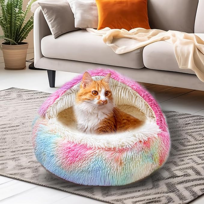 Dazzle Calming Dog & Cat Cave Bed with Washable, Anti-Slip Faux Fur Cover, Comfortable Warming Pet Bed for Small Medium Pets (24 * 24 inch)