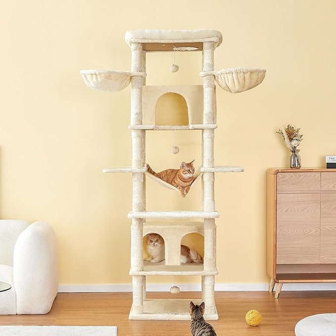 MWPO Extra Large Cat Tree, 77.6-Inch Tall Cat Tower for Indoor Cats with 2 Condos, Multi-Level Cat Stand for Large Cats, 3 Hammocks, Wide Perch, Scratching Posts, Dangling Toys, Beige
