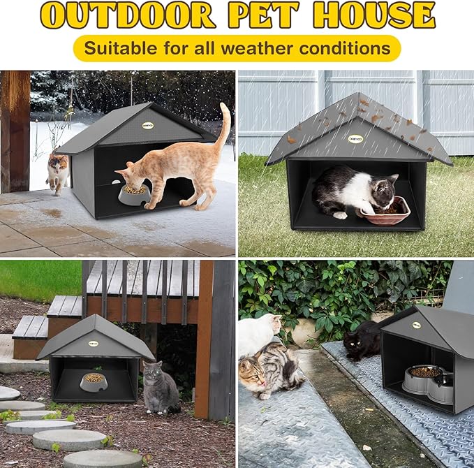 Dreyoo Cat Houses & Condos Outdoor Cat Feeding Station for Food & Water, Weatherproof Outdoor Kitty Dining Room Cats Shelter for Stray, Feral and Community Cats, 13”d x 17”w x 15.5'h(Dark Grey)