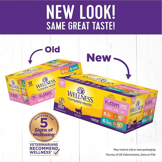 Wellness Complete Health Pate Kitten Wet Cat Food, Natural, Protein-Rich, Grain Free, 3 Ounce, 12 Pack, (Whitefish & Chicken Variety Pack)