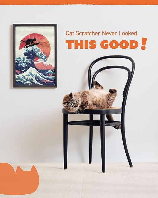 Decorative Wall Art Sisal Cat Scratcher with Vertical Mounted Setup, 14x20 Large & Durable Scratch Pad Ideal for Adult Cats with Gallery-Style Frame That Looks Like a Painting (The Cat Wave)