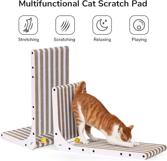 FUKUMARU Cat Scratcher, 26.8 Inch L Shape Cat Scratch Pad, Strip Pattern Cats Scratching Post Wall Mounted, Cardboard Cats Scratcher with Ball Toy for Indoor Kitty, Fun Playing Box Included, L