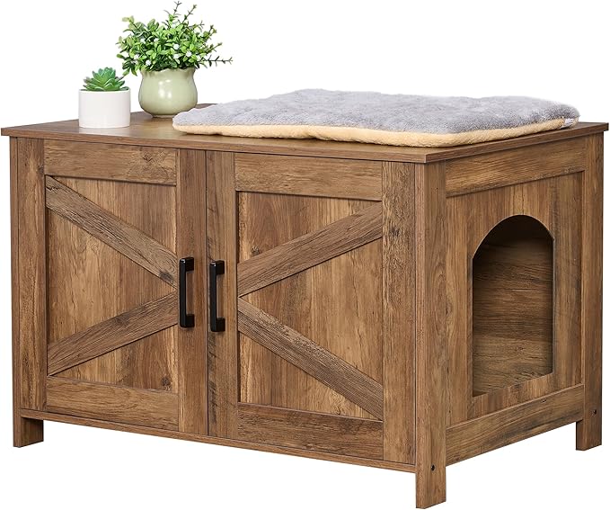 Homhedy Cat Litter Box Enclosure, Wooden Cat Washroom Furniture with Barn Door, Pet House, Fit Most of Litter Box, Rustic Walnut
