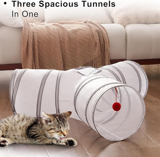 Love's cabin Cat Tunnel Tube Toys 3 Way Collapsible, Cat Tunnels for Indoor Cats,Kitten Tunnel Bored Pet Play Tunnel with Peek Hole Toy Ball for Kitty, Kitten, Rabbit, Light Gray&Gray