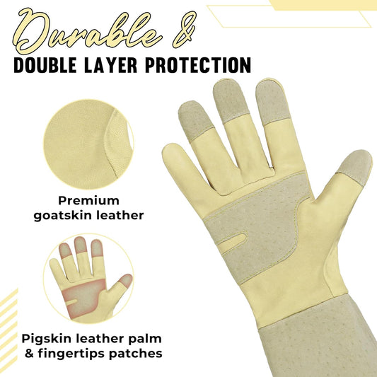 HANDLANDY Rose Pruning Gardening Gloves for Men Women, Thorn Proof Forearm Protection Leather Garden Gloves, Gardening Gifts for Gardeners (Beige- goatskin, Medium (Pack of 1))