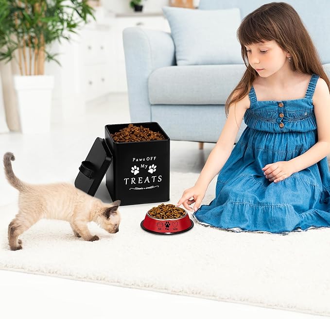 Meraki Home Farmhouse Cat Food and Treats Containers + Feed Scoop + Pet Food Bowl - Tight Lids - Large Metal Storage Bin - Great Gift for Cute Pets (Matte Black)