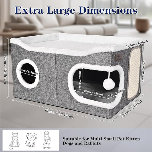 Extra Large Cat Beds for Indoor Cats, Covered Cat Cave Beds & Furniture with Scratch Pad and Fluffy Ball, Foldable Condo Hideaway with Reversible Cushion for Multi Small Pet Large Kittens, Grey