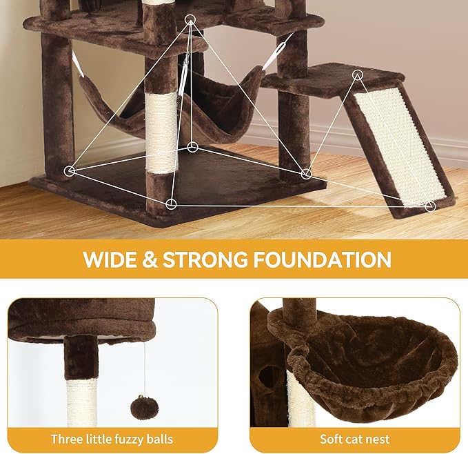 YITAHOME 75-Inch Tall Cat Tree Indoor: Multi-Level Kitten Tower with Kitty Condos, Top Perches, Sisal Ramp, Scratching Posts & Cozy Basket Hammocks Pet Play House Brown