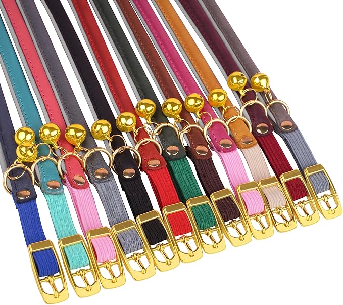 OOPSDOGGY Rolled Leather Cat Collar with Bell - Reflective Kitten Collar with Safety Elastic Strap - Adjustable Small Pet Collars for Boy Girl Cats (Brown)