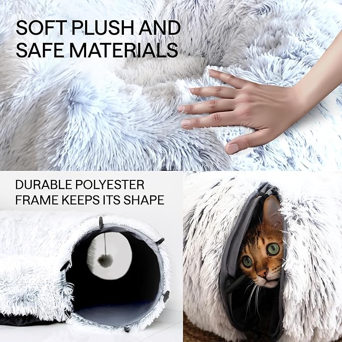 Cat Tunnel Bed Donut Cave – XL Plush Circle Hideaway for Indoor Cats, 3-in-1 Foldable Play Tunnel & Cozy Bed, Gift-Ready House Under Christmas Tree