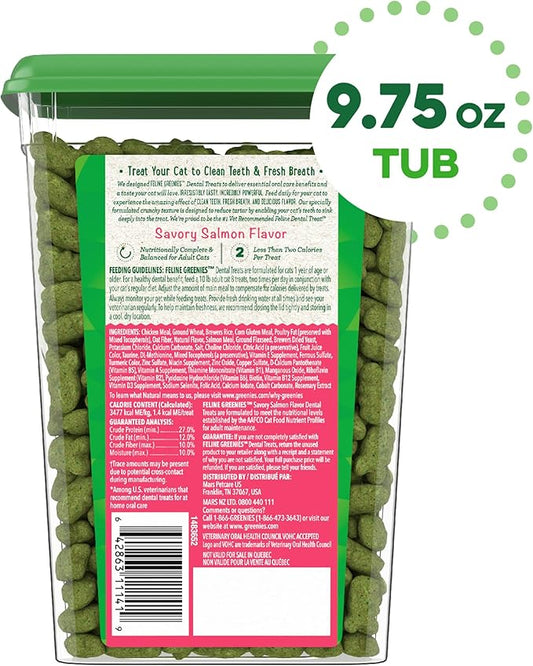 Greenies Feline Adult Dental Cat Treats, Savory Salmon Flavor, 9.75 oz. Tub