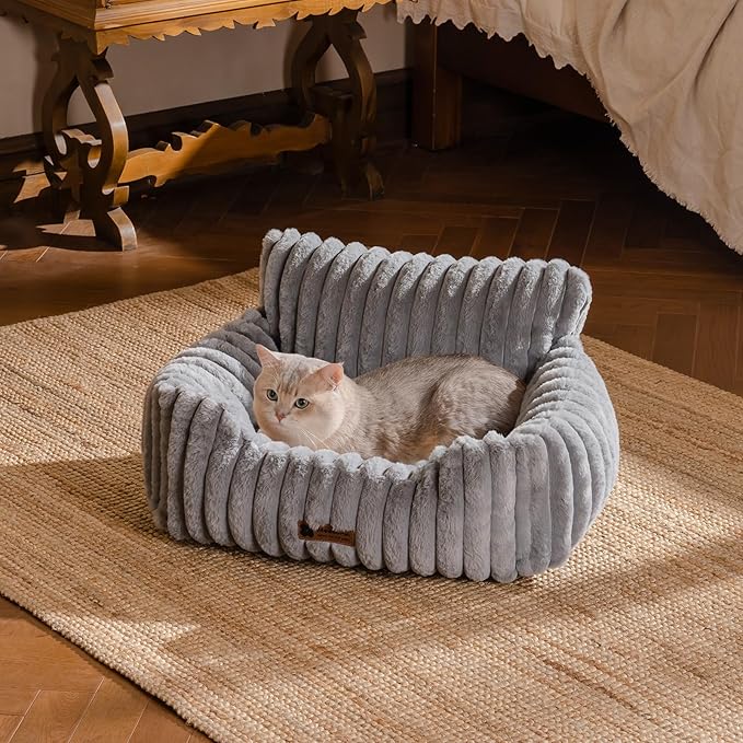 MEWOOFUN Cat Beds for Indoor Cats, Fluffy Cat Couch with Removable Washable Cover, Supportive Small Dog Beds for Puppy & Kitten up to 15 lbs (Grey, 24x19x12)