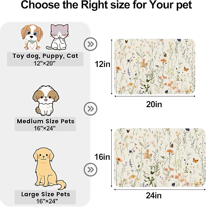 Vintage Wildflowers Herbs Pet Feeding Mat for Floors-Absorbent Dog Bowl Mat for Food and Water, Quick Dry Pet Cat Feeding Mats with Non Slip Bottom, Mess-Free Dog Accessories 12"x20"