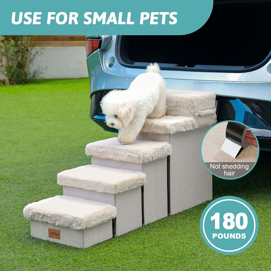 Dog Stair for Small Dogs with Storage, 21" H Foldable Pet Step with Soft Cover, Older Cat Ramp for High Bed or Car, Lightweight, Comfort, 39.7x13x21.2 inch, 5 Tiers, Beige