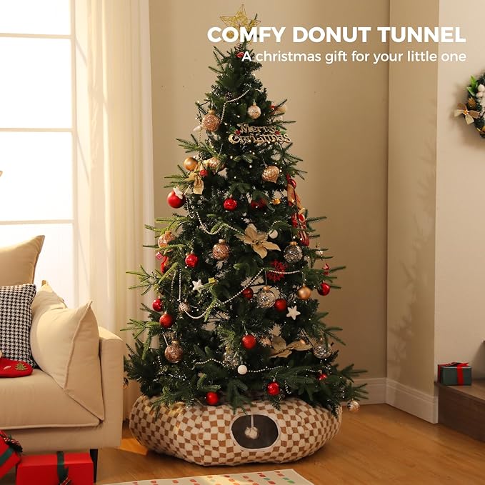 PEQULTI Cat Tunnel with Cat Bed for Indoor Cats, Cat Play Donut Tunnel with Washable Soft Plush Mat, Round Tunnel Toys Cute Tube for Kittens, Puppies, Rabbits and Ferrets, Brown