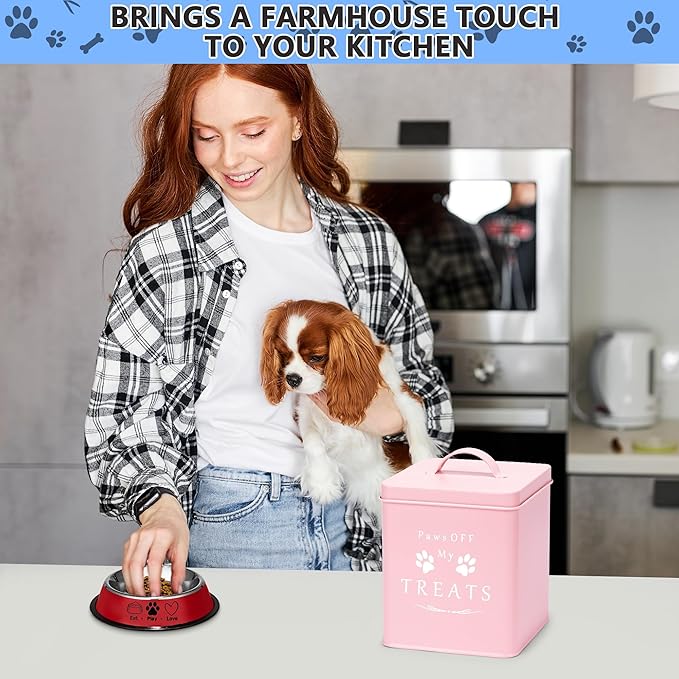 Meraki Home Small Dog Food Container and Dog Treats Container - Tight Lids - Feed Scoop and Pet Food Bowl - Farmhouse Metal Storage Bin - Matte Pink