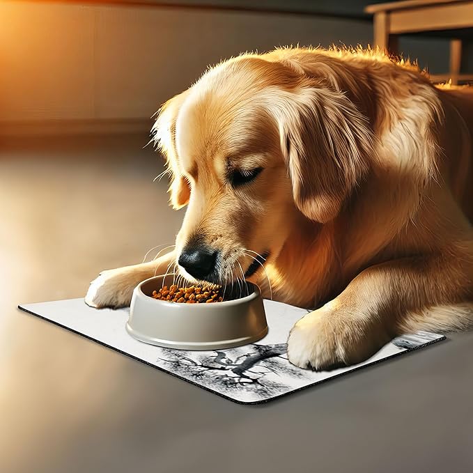 Lunarable Asian Pet Mat for Food and Water, Lone Pine on Mountain Slope Art Traditional Chinese Painting Style Oriental Culture, Rectangle Non-Slip Rubber Mat for Dogs and Cats, Grey White