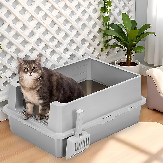 Extra Large Stainless Steel Litter Box with Lid, XXL XXXL Litter Box, Odor Control Enclosed Metal Litterbox for Big Cat, Kitty, Kittens, 28 x 20 x 12.5 inch, High Side, Easy Clean