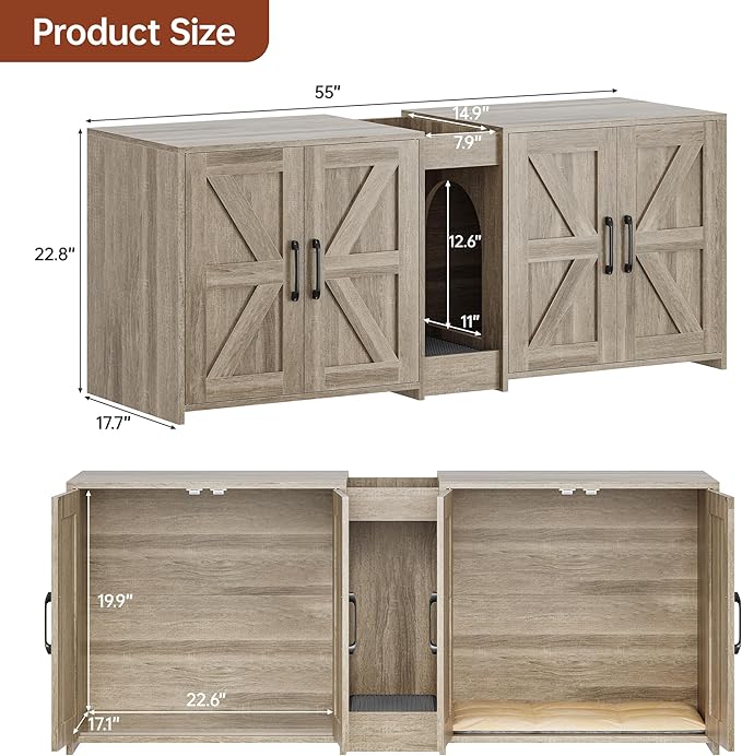 Litter Box Enclosure for 2 Cats, Hidden Litter Box Furniture with Double Rooms, Cat Bed, PVC Pad and Scratch Pad, Grey