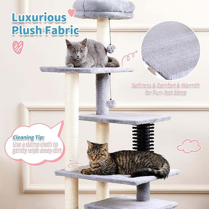 Made4Pets 52.4" Tall Multi-Level Large Cat Tower for Indoor Cats With Scratching Posts, Pompoms, Grooming Brush and Perch - Grey
