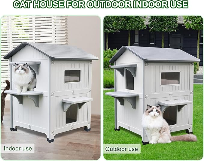 Rockever Luxury Plastic Outdoor Indoor Cat House with Escape Door, Waterproof 2 Story Outdoor Houses for Feral Cats Outside Cat Shelter, Spacious, Clean and Assemble Easily
