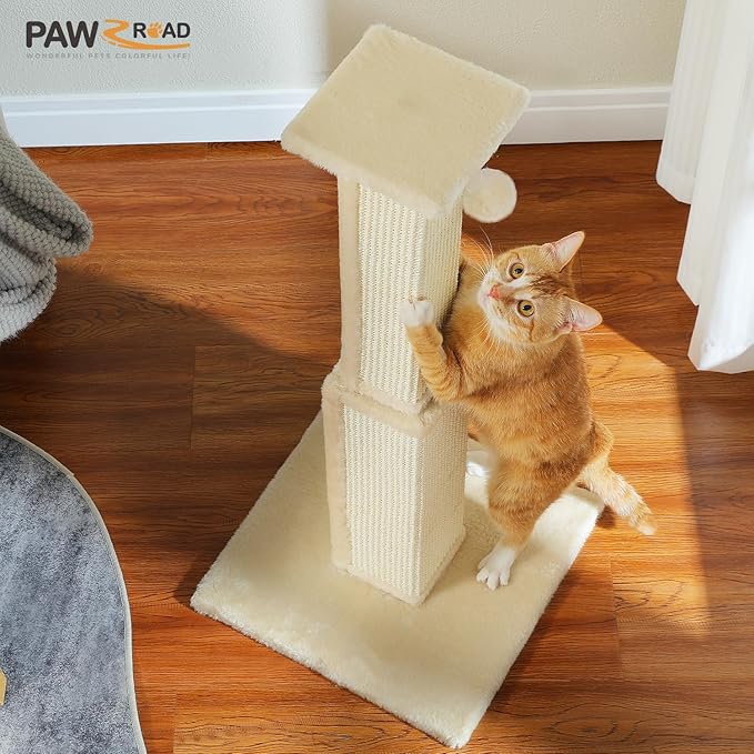 PAWZ Road Large Cat Scratching Post 32” Tall Scratching Post for Indoor Cats Adults Ultimate Scratch Post with Woven Sisal, Large Base and Removable Dangling Ball- Beige