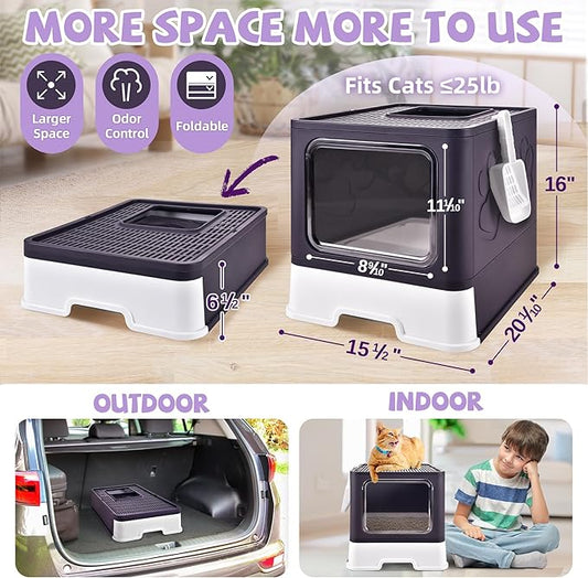Cat Litter Box with Litter Mat, Foldable Extra Large Free in and Out/One-Way with Lid, Drawer Type Enclosed Kitty Litter Box,Odor Control Anti-Splashing Easy Cleaning (Purple)
