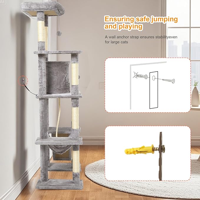 Large Cat Tree,65-inch Tall Multi-Level Cat Tower with Sisal-Covered Scratching Posts, Condo, Hammock, Dangling Ball,Light Grey