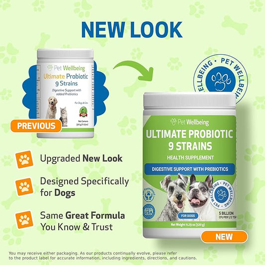 Pet Wellbeing Ultimate Probiotic 9 Strains for Dogs & Cats - Supports The Gut Microbiome and Digestion, Immune System Care, Urinary Tract Health, FOS, 2.5 Billion CFU - 11.29 oz (320 g) Powder
