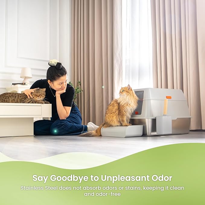 Cattasaurus Stainless Steel XL Cat Litter Box with Lid for Large Cats Up to 40lbs, Removable Kitty Litter Box Enclosure, Top Entry Litter Box, Durable Scoop & Pedal (Stainless Steel - Only Base)