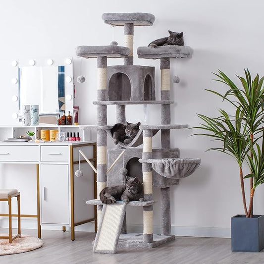 Hey-brother Cat Tree, 71 inches XL Large Cat Tower for Indoor Cats, Multi-Level Cat House with 3 Padded Perches, Big Scratcher, Cozy Basket, 2 Cat Condos and Scratching Posts, Light Gray MPJ034W