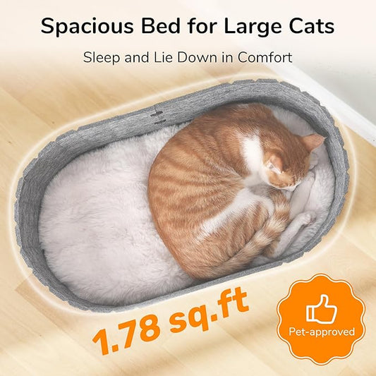 FUKUMARU Cat Beds for Indoor Cats, 24 Inch Large Cat Couch Bed with Cozy Faux Rabbit Fur Cushion, Felt Cats House Sofa in Oval Shape, Grey