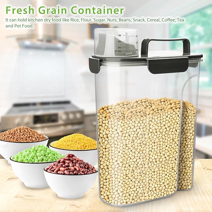 Rice Storage Container, 5 to 10lb Dry Food Airtight Dispenser, Pet Dog Cat Food Canister, BPA Free Clear Plastic Kitchen and Pantry Organization Bin for Oatmeal, Grain, Cereal, Pasta, Flour
