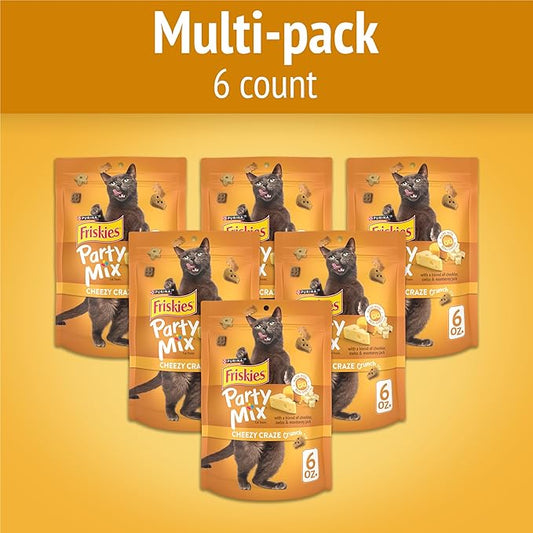 Purina Friskies Cat Treats, Party Mix Cheezy Craze Crunch - (Pack of 6) 6 oz. Pouches