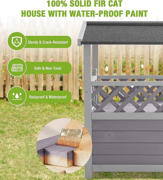 Cat House Outdoor Weatherproof – 100% Solid Fir with Waterproof Paint, Two-Level Design, All-Weather Protection & Elevated Base – Kitty Shelter for Feral Cats, Indoor/Outdoor Use