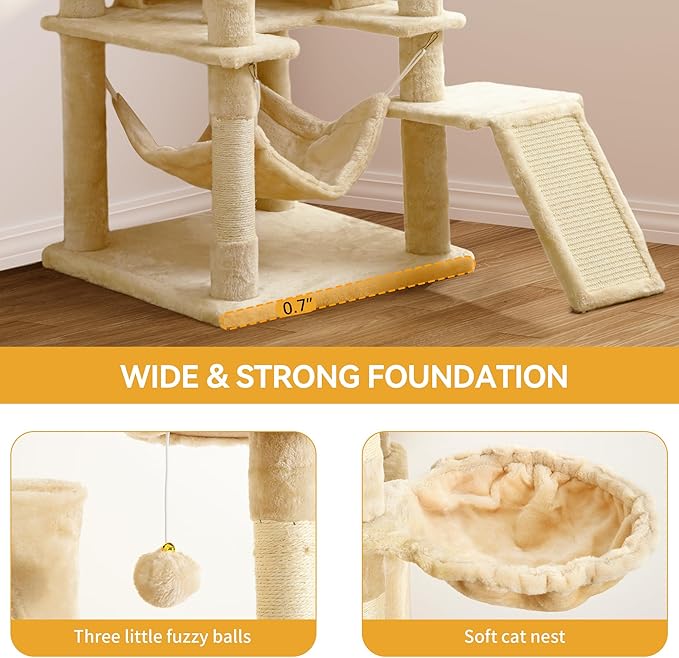 YITAHOME 75-Inch Tall Cat Tree Indoor: Multi-Level Kitten Tower with Kitty Condos, Top Perches, Sisal Ramp, Scratching Posts & Cozy Basket Hammocks Pet Play House Beige