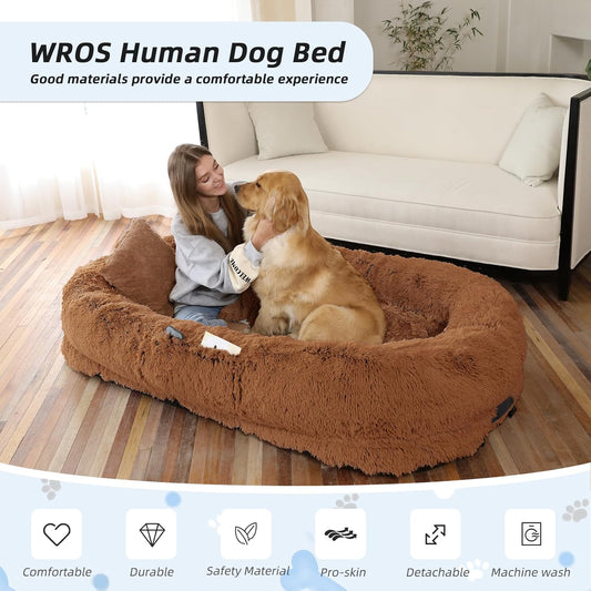 Human Dog Bed, Brown, 71''x45''x12'' Size Fits You and Pets, Washable Faux Fur Pet Bed for People Doze Off, Napping Orthopedic Dog Bed, Present Plump Pillow, Blanket, Strap