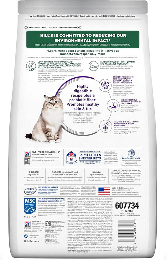 Hill's Science Diet Sensitive Stomach & Skin, Adult 1-6, Stomach & Skin Sensitivity Support, Dry Cat Food, Pollock & Barley, 6 lb Bag