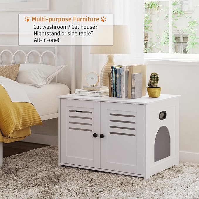 DINZI LVJ Litter Box Enclosure, Cat Litter House with Louvered Doors, Entrance Can Be on Left or Right, Large Hidden Cat Washroom for Most of Litter Box, Furniture Cabinet, White