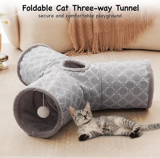Tempcore Pet Cat Tunnel Tube Cat Toys 3 Way Collapsible, Cat Tunnels for Indoor Cats Fleece-Lined in for Warmth,Kitty Tunnel Bored Pet Toys Peek Hole Toy Ball Cat, Puppy, Kitten, Geometry Grey
