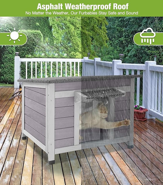 Outdoor Cat House Weatherproof, Feral Cat Shelter with Asphalt Openable Roof, PVC Curtain & Elevated Base for Rain Resistance and Easy Cleaning