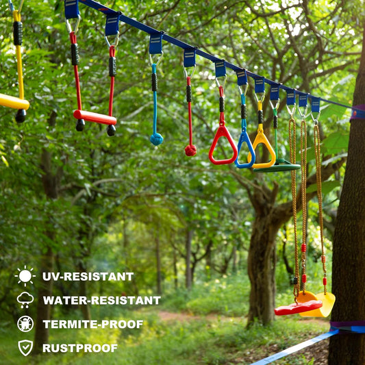 2x65 FT Ninja Warrior Obstacle Course for Kids with 13 Ninja Accessories - 600lbs Weight Capacity, Slackline with Swing Seat, Disc Swing, Ninja Wheel, Rope Ladder, Monkey Bar, Ninja Ring, Arm Trainer