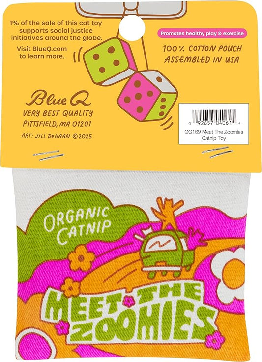 Blue Q Meet The Zoomies Catnip Cat Toy. Premium Organic Catnip Grown in The USA, 100% Cotton Pouches, Kitty Graphics Sure to Delight Every Cat-Keeper.