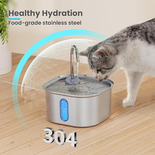 Cat Water Fountain Stainless Steel, 108oz/3.2L Quiet Automatic Water Dispenser for Dogs, Safe Auto Shut-Off, Large Square Pet Water Fountain for Cats Indoor with 1 Replacement Filter