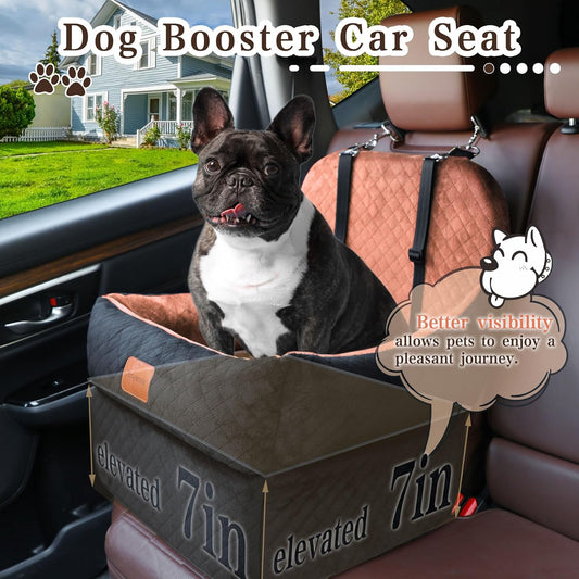 Dog Booster Car Seat for Small/Medium Dogs up to 30 lbs,Interior 7 Inches Elevated Pet Booster Seat,Ultra Soft Fabric and Memory Foam Car Dog Bed,Safety,Comfy,Fully Detachable Washable(H-Black/Brown)
