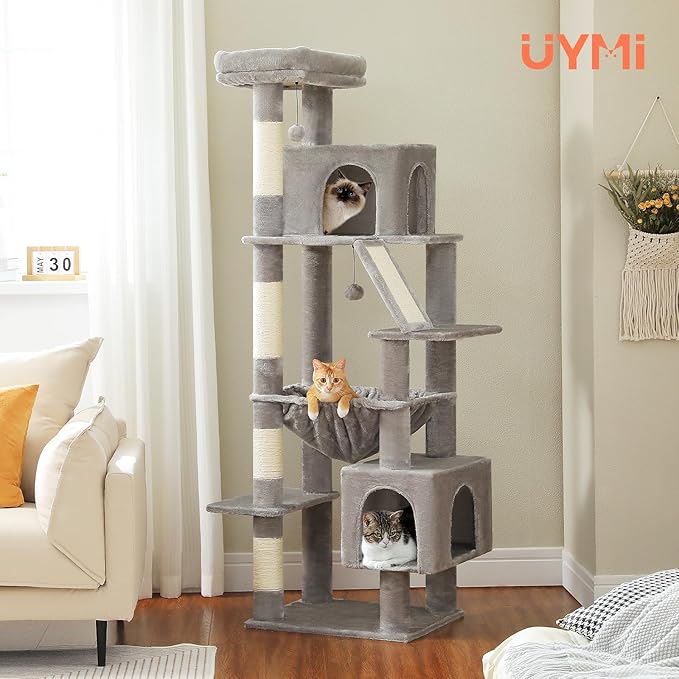 71 Inch Tall Cat Tree for Indoor Cats Large Adult, Multi-Level Cat Tower with Extra Large Hammock, 2 Cat Caves, Spacious Top Perch, Scratching Pad, Light Grey